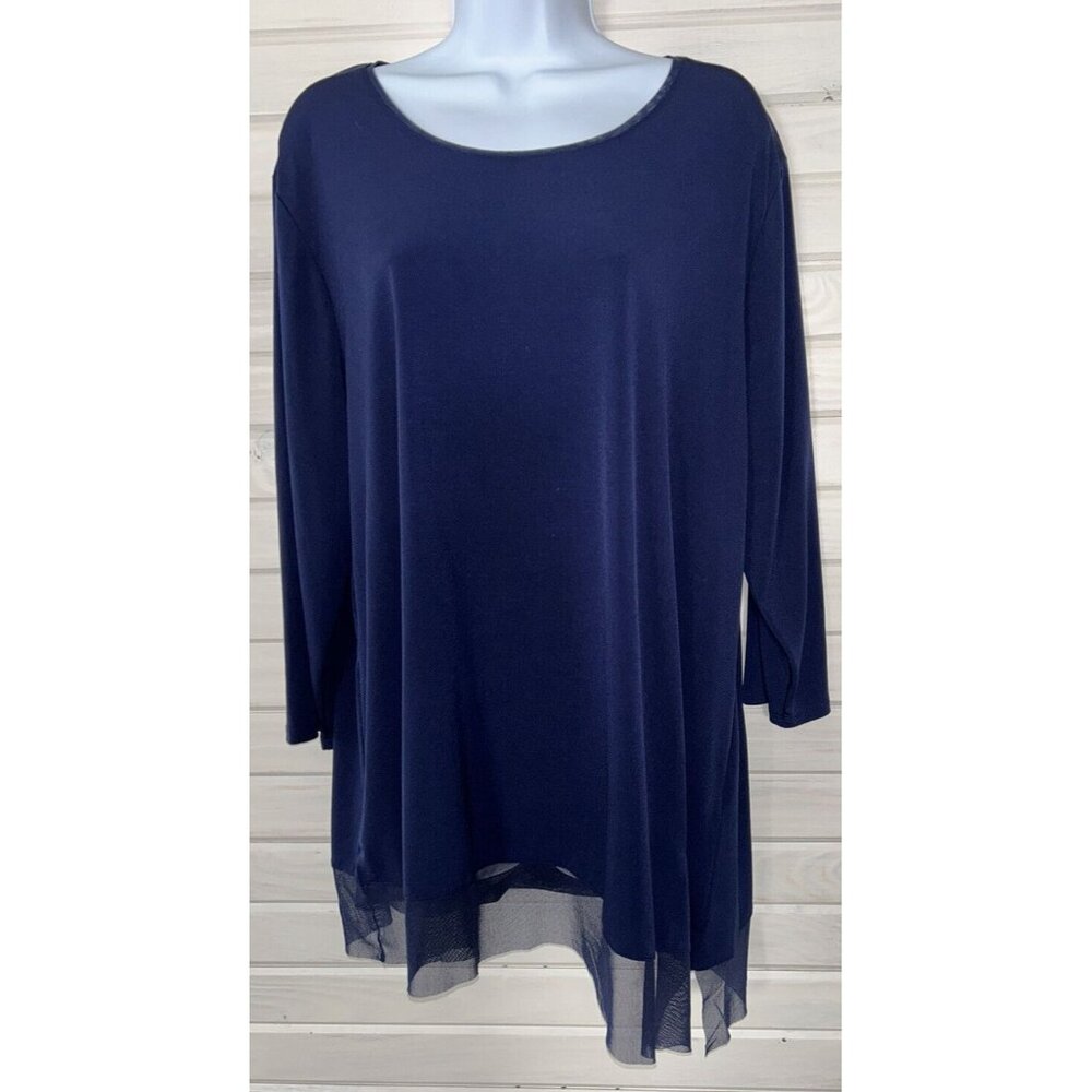 Chicos Sz 3 (XL) Blue Scoop Neck Tunic Mesh Trim Asymmetrical Hemline EUC